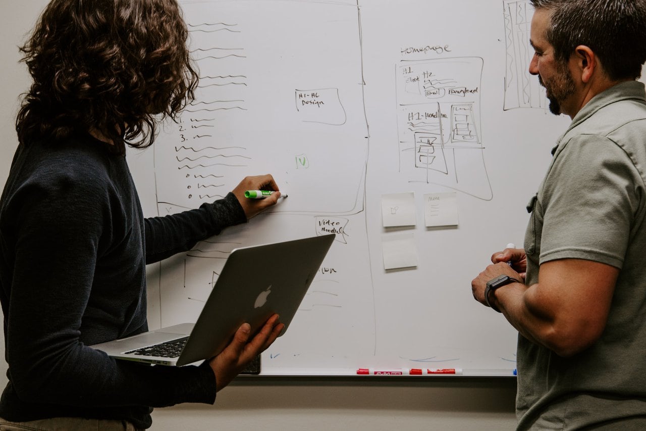 Two persons in front of the whiteboard